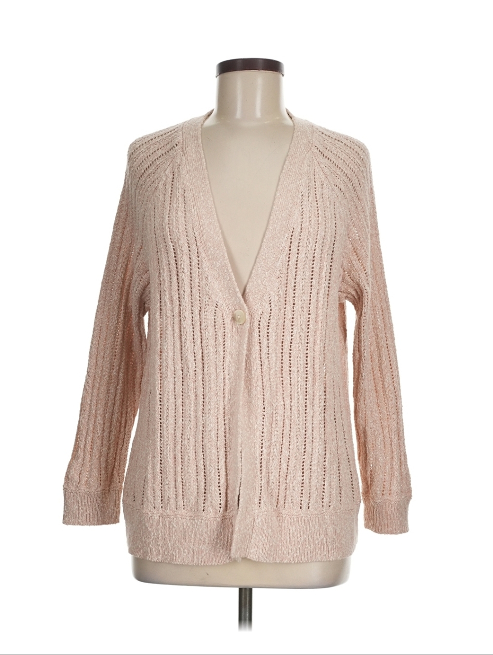 J.Jill Shimmer Tan Openwork Knit Cardigan Size M Petite